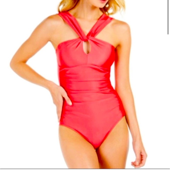 NWT Calvin Klein Pink One Piece Swimsuit with Unique Multiwear Neckline 16 beach - Picture 1 of 10